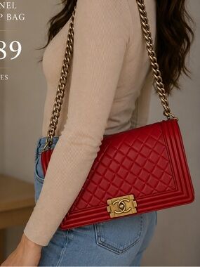 CHANEL Red Quilted Leather Medium Boy